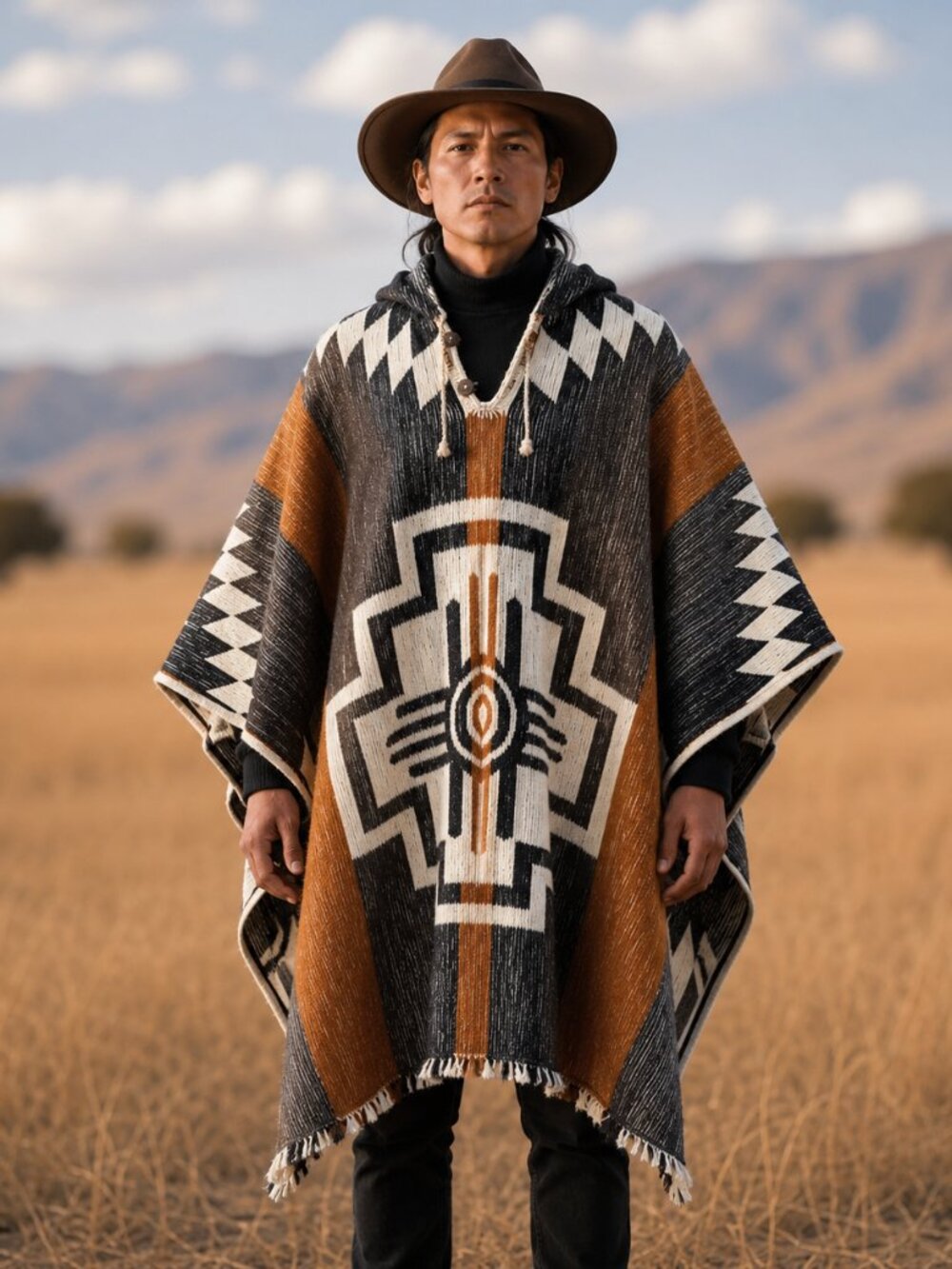 Handwoven 100% Andean Wool Poncho Brown Mustard Unisex One Size Pullover Coat